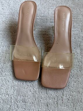 BCBGeneration Luckee slip-on transparent block heel sandals in a nude, Size 9